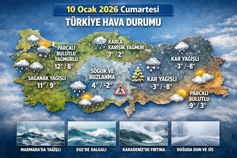 10 Ocak Cumartesi Hava Durumu: Batıda Sağanak, İç Kesimlerde Don ve Sis Etkisi