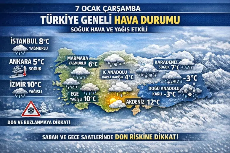 7 Ocak Çarşamba Türkiye Geneli Hava Durumu: Soğuk Hava ve Yağış Etkili