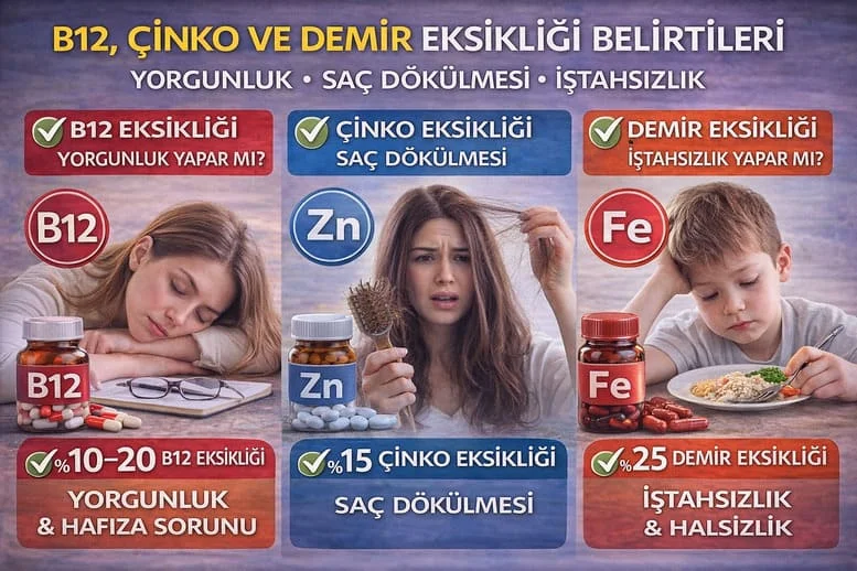 B12, Çinko ve Demir Eksikliği Belirtileri: Yorgunluk, Saç Dökülmesi ve İştahsızlık Neden Olur?